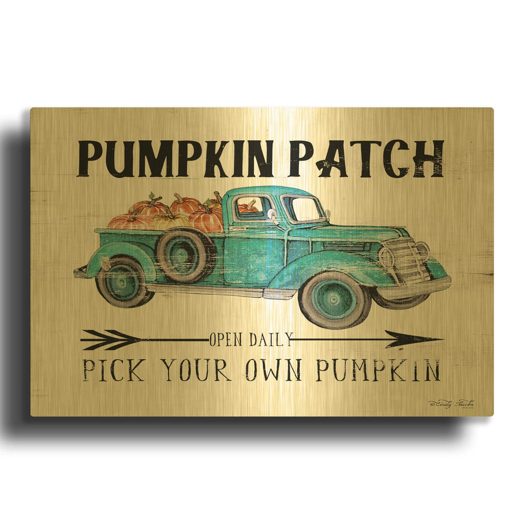 'Pumpkin Patch Open Daily' By Cindy Jacobs Gold Metal Wall Art