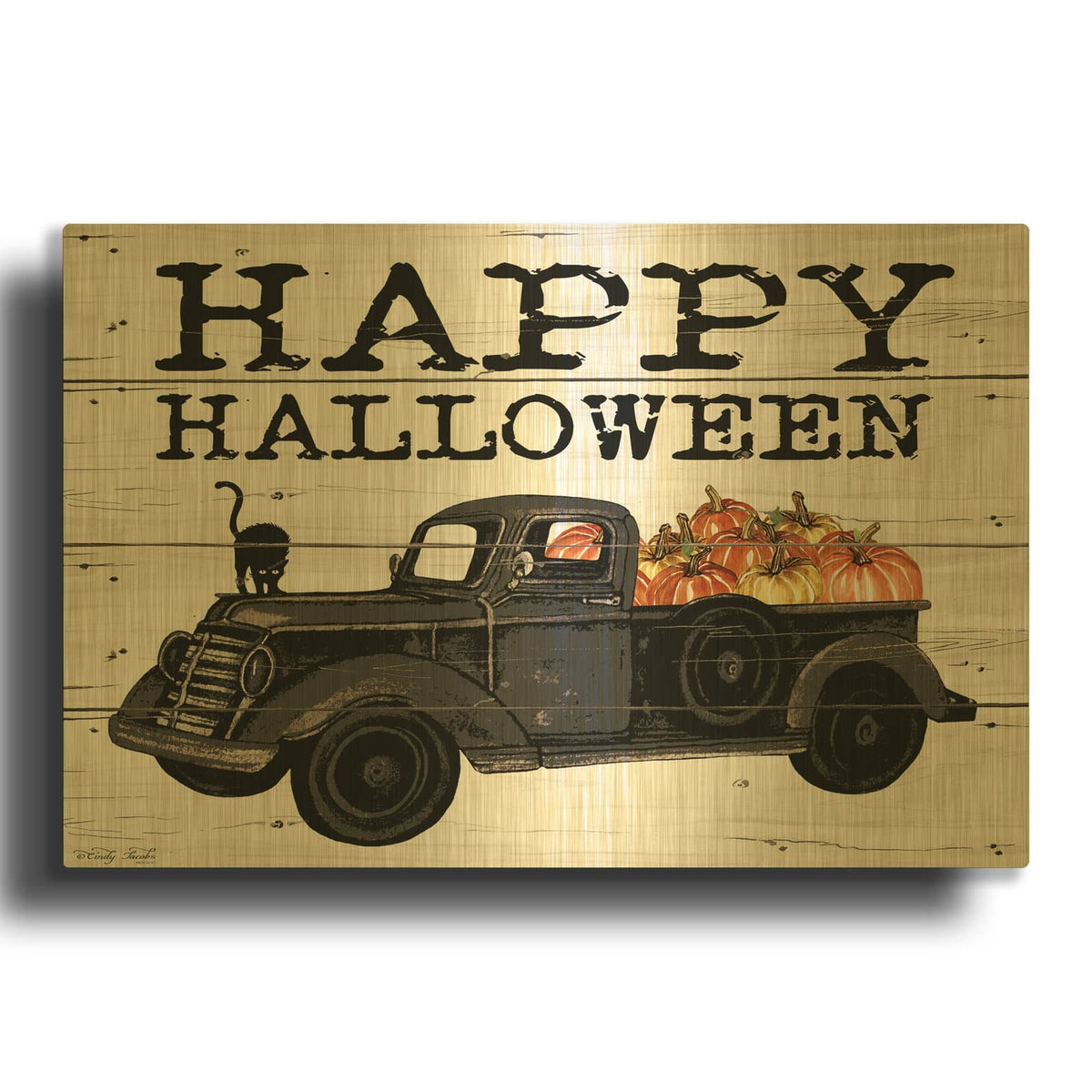 'Happy Halloween Black Truck' By Cindy Jacobs Gold Metal Wall Art
