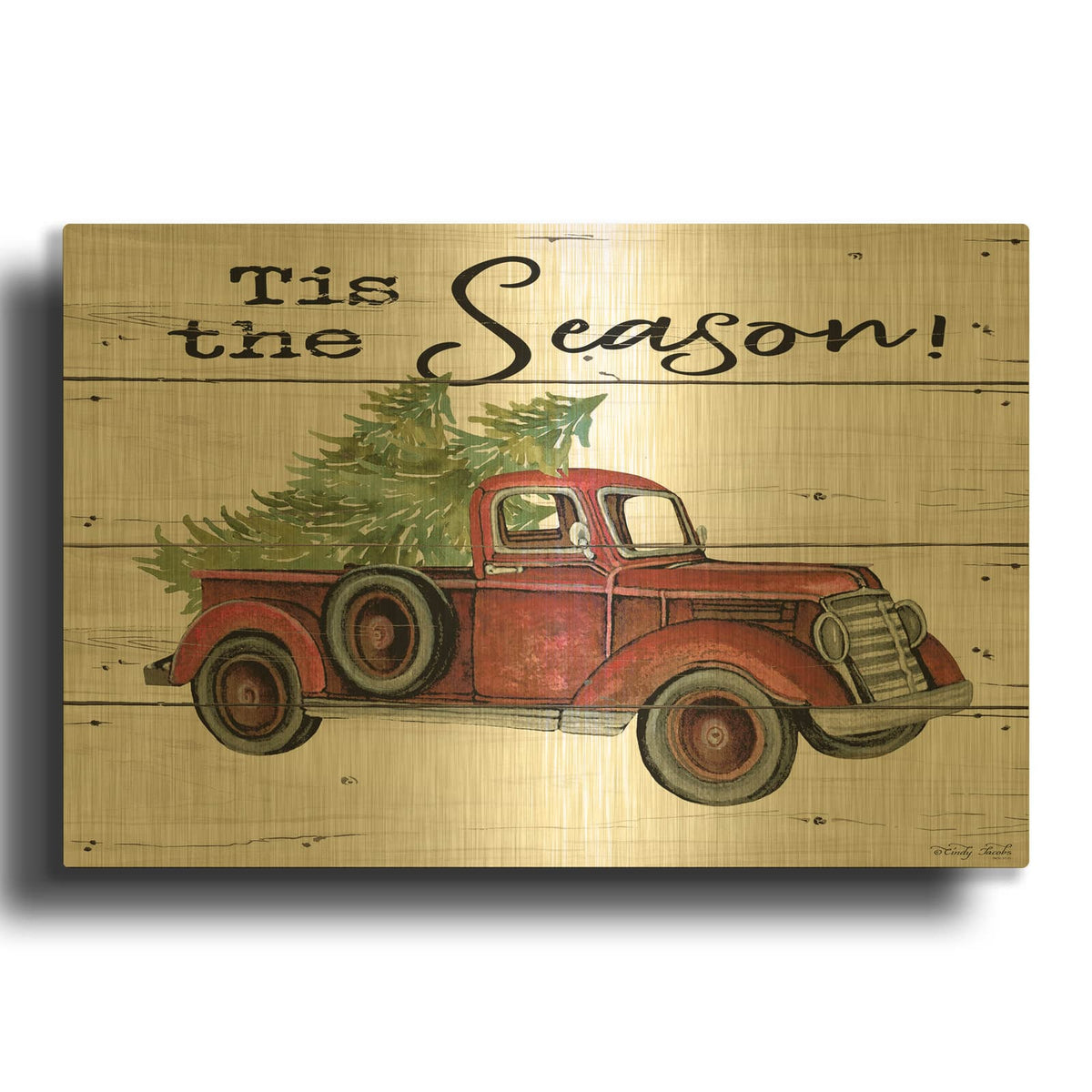 'Tis the Season Red Truck' By Cindy Jacobs Gold Metal Wall Art