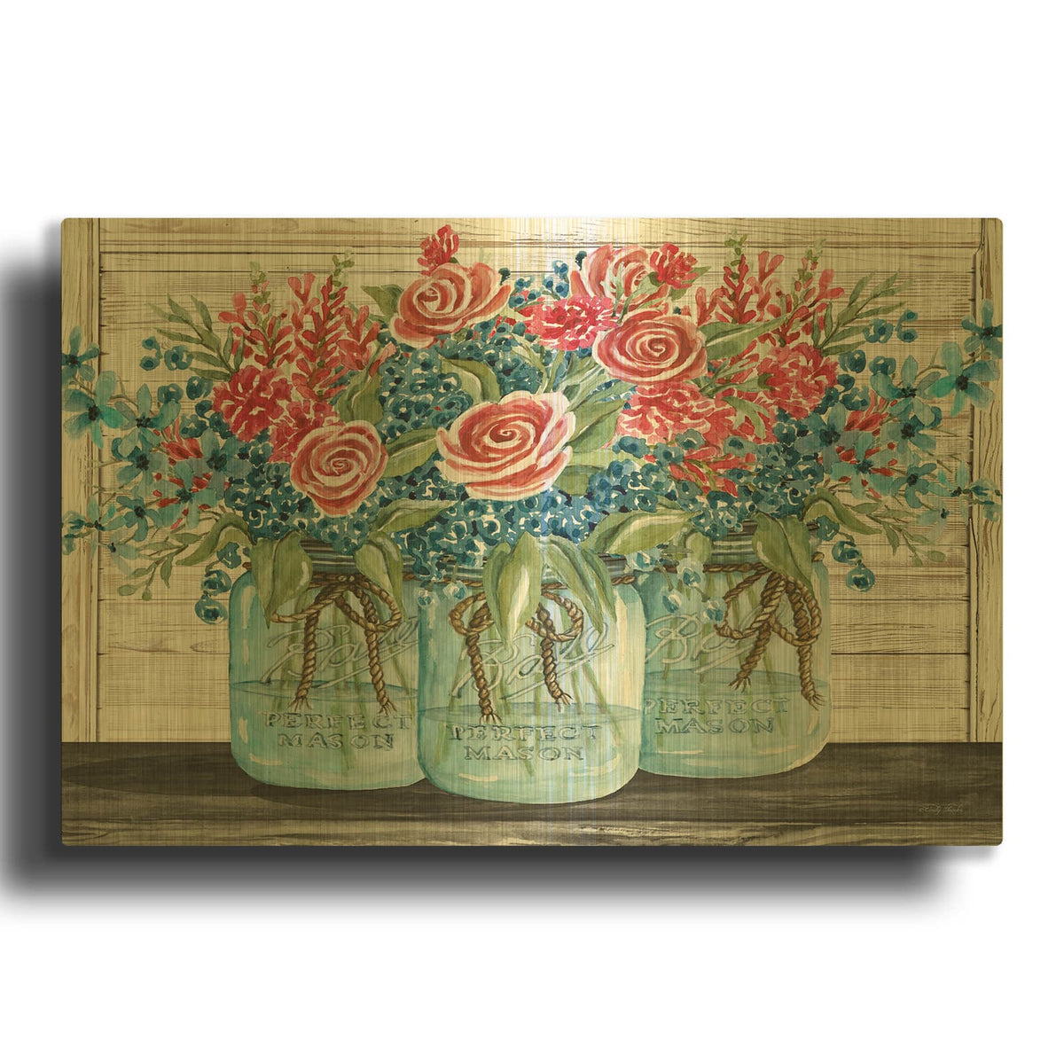 'Red, White & Blue Jars with White Flowers' By Cindy Jacobs Gold Metal Wall Art