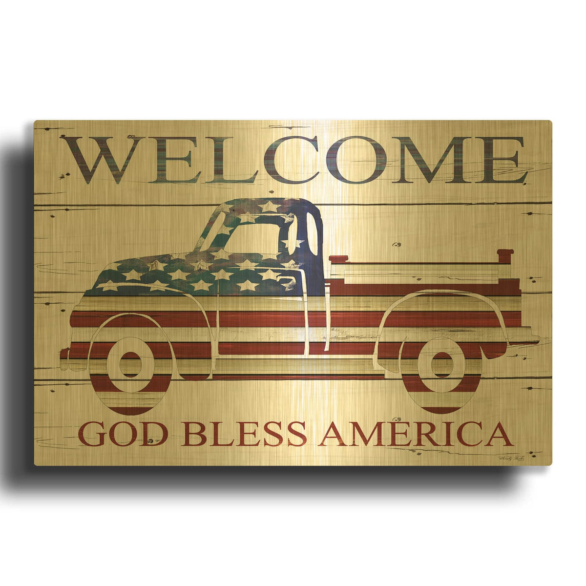 'Welcome Patriotic Truck' By Cindy Jacobs Gold Metal Wall Art
