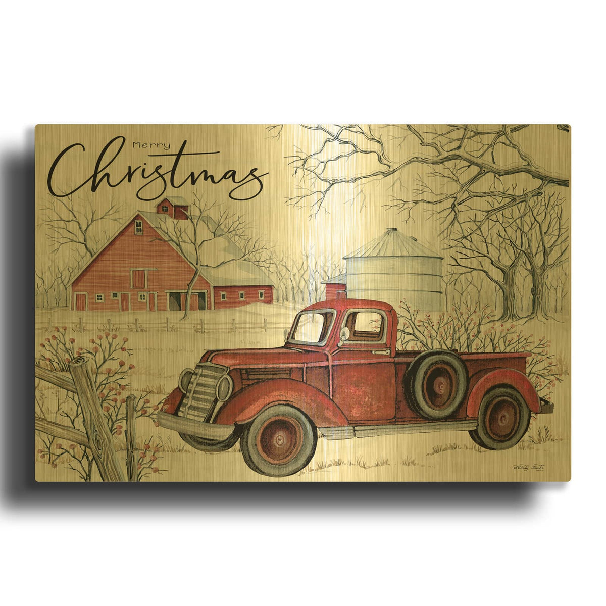 'Red Truck Winter Barn' By Cindy Jacobs Gold Metal Wall Art