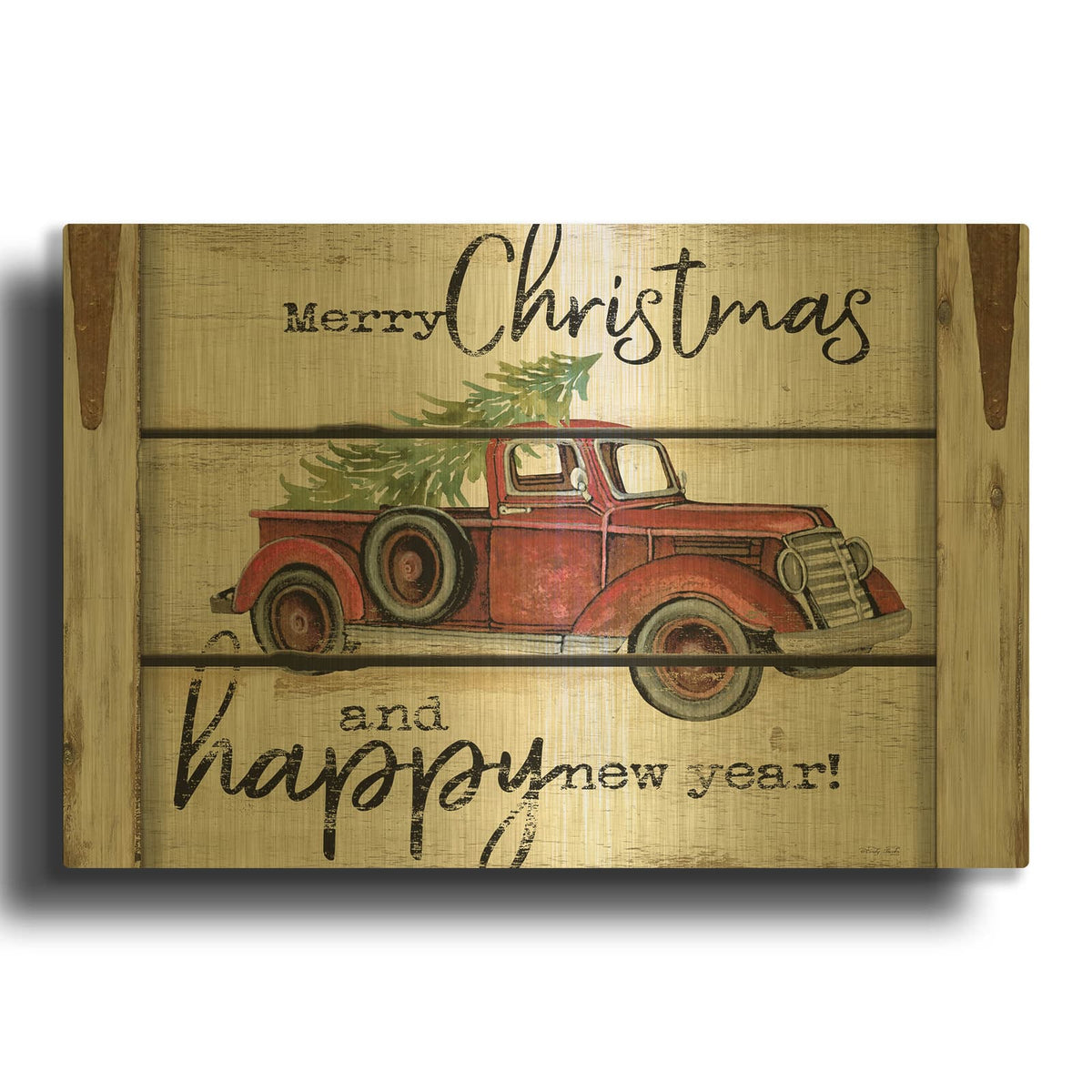 'Merry Christmas & Happy New Year Red Truck' By Cindy Jacobs Gold Metal Wall Art