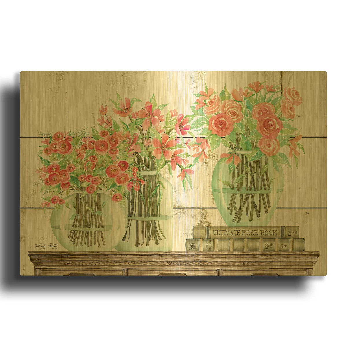 'Trio of Flowers' By Cindy Jacobs Gold Metal Wall Art