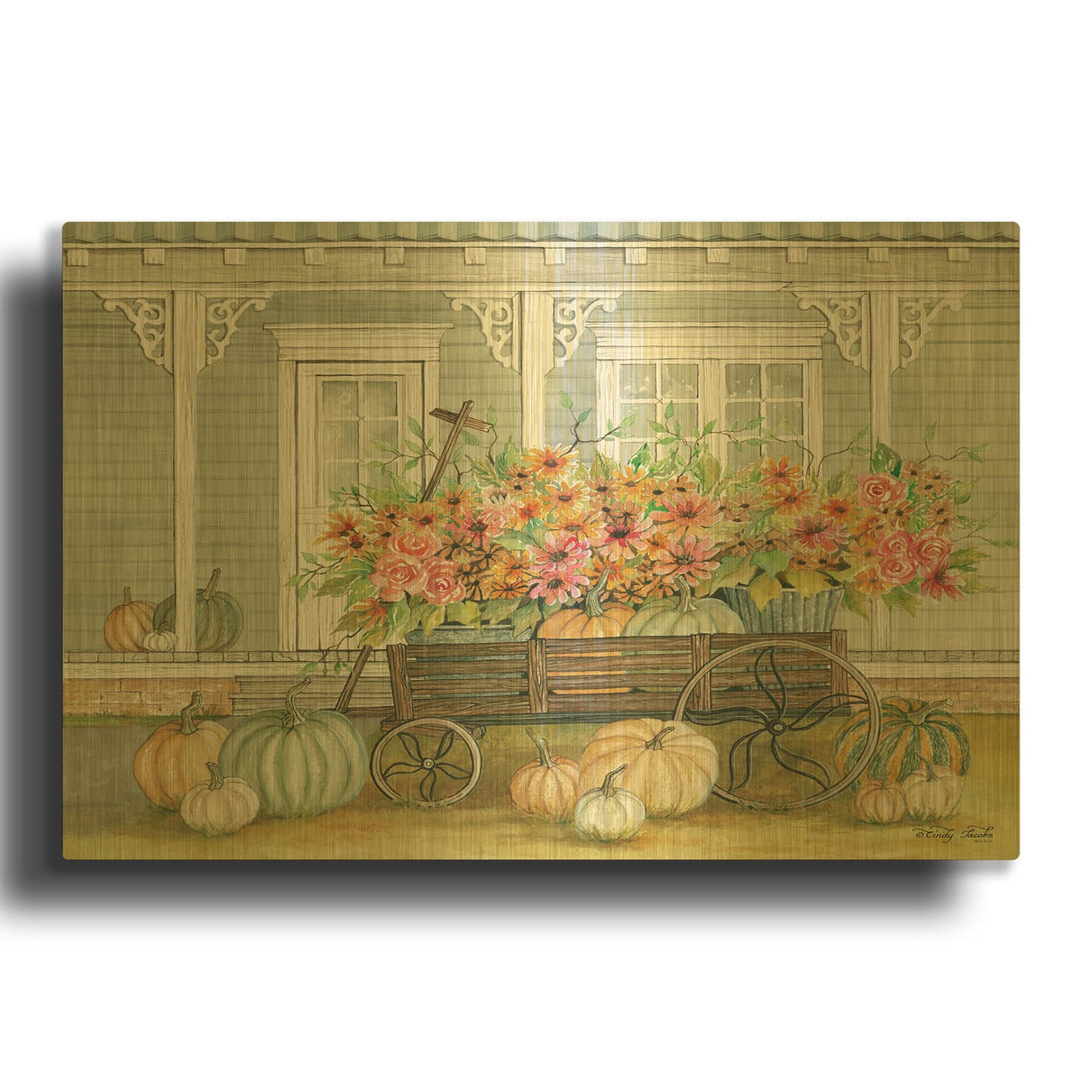 'Fall Wagon' By Cindy Jacobs Gold Metal Wall Art