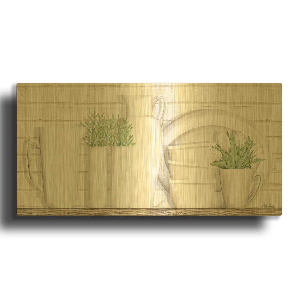 'White Ware Shelf I' By Cindy Jacobs Gold Metal Wall Art