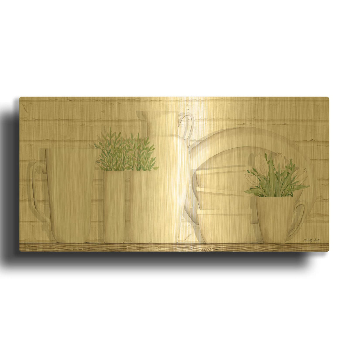 'White Ware Shelf I' By Cindy Jacobs Gold Metal Wall Art