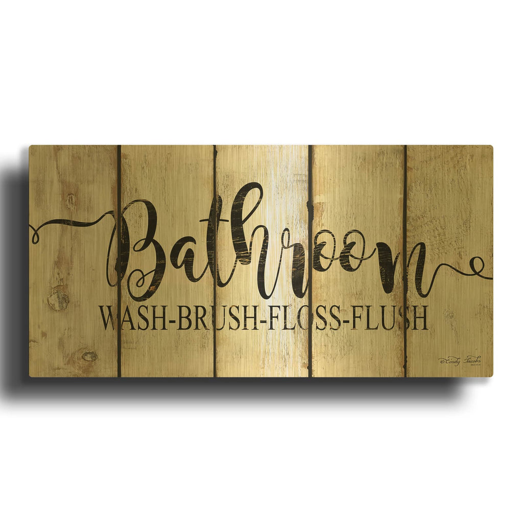 'Bathroom on Wood Panels' By Cindy Jacobs Gold Metal Wall Art