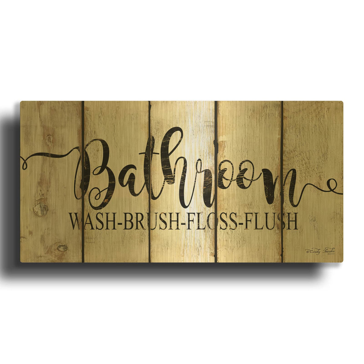 'Bathroom on Wood Panels' By Cindy Jacobs Gold Metal Wall Art