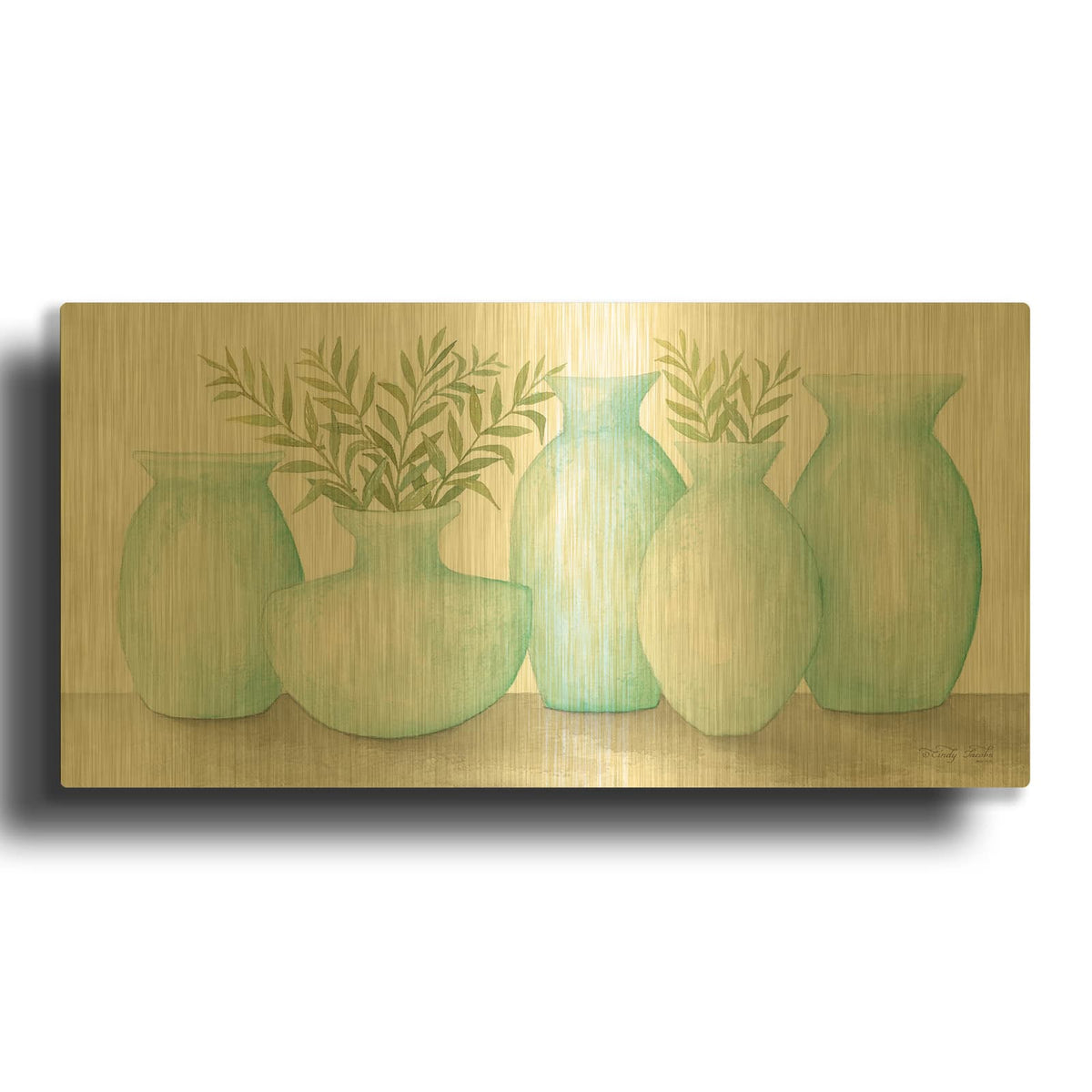 'Mint Vases' By Cindy Jacobs Gold Metal Wall Art