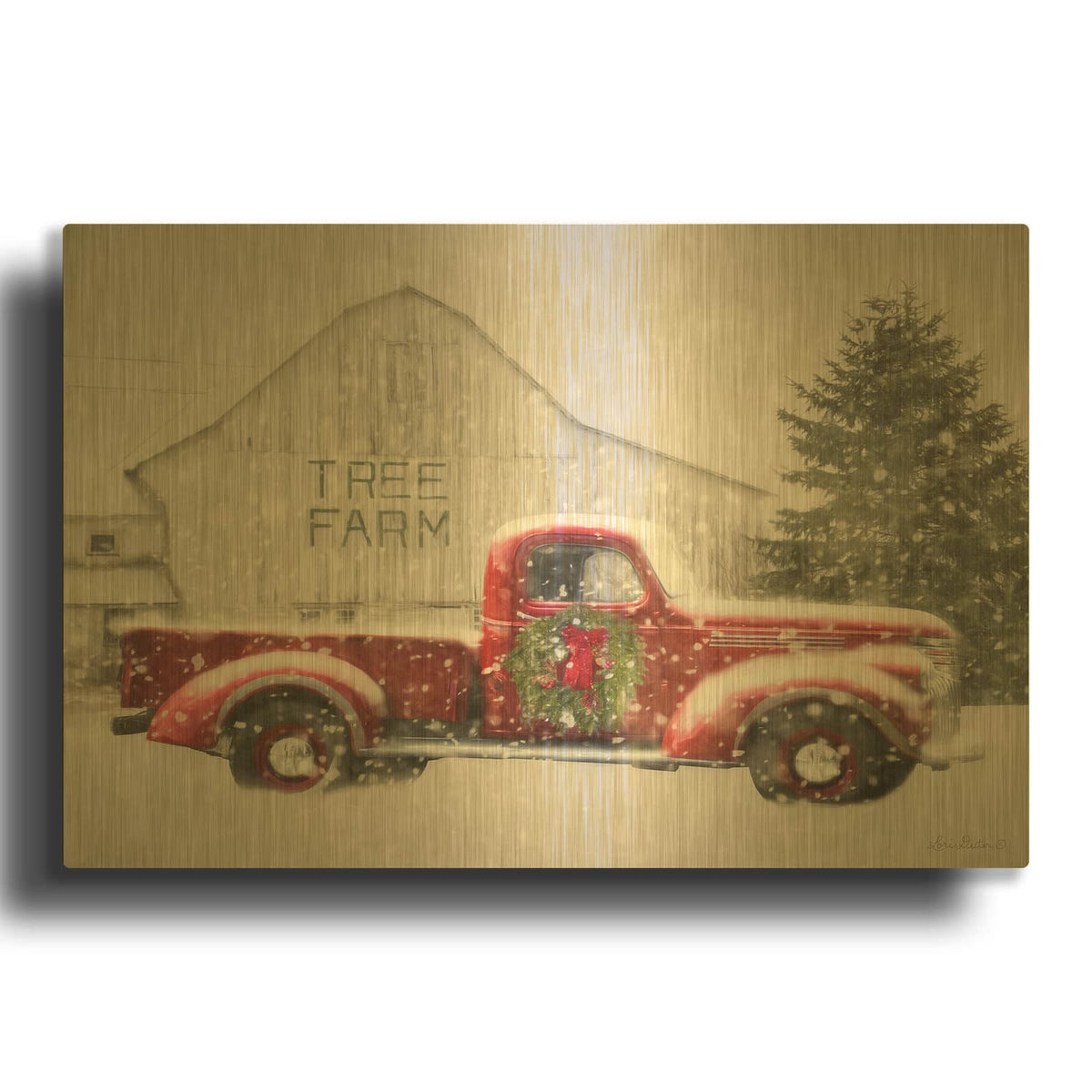 'Tree Farm With Truck' By Lori Deiter Gold Metal Wall Art