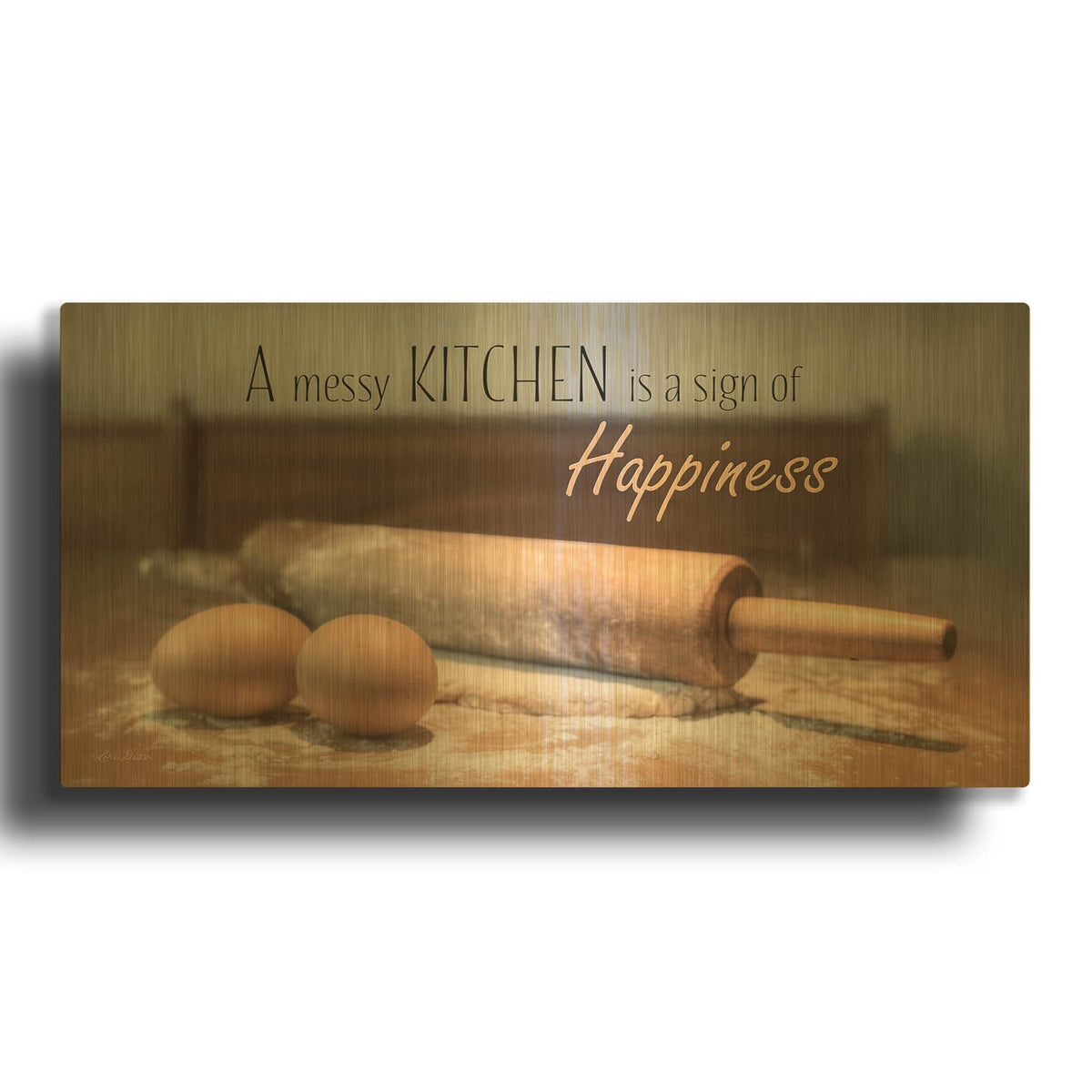 'A Messy Kitchen is a Sign of Happiness' By Lori Deiter Gold Metal Wall Art