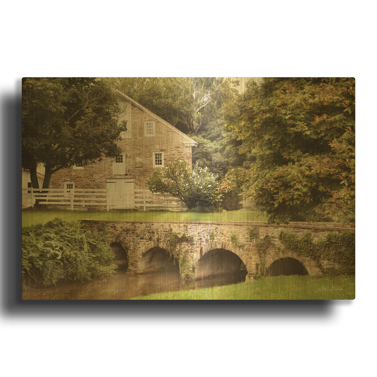 'Old Stone Barn and Bridge' By Lori Deiter Gold Metal Wall Art