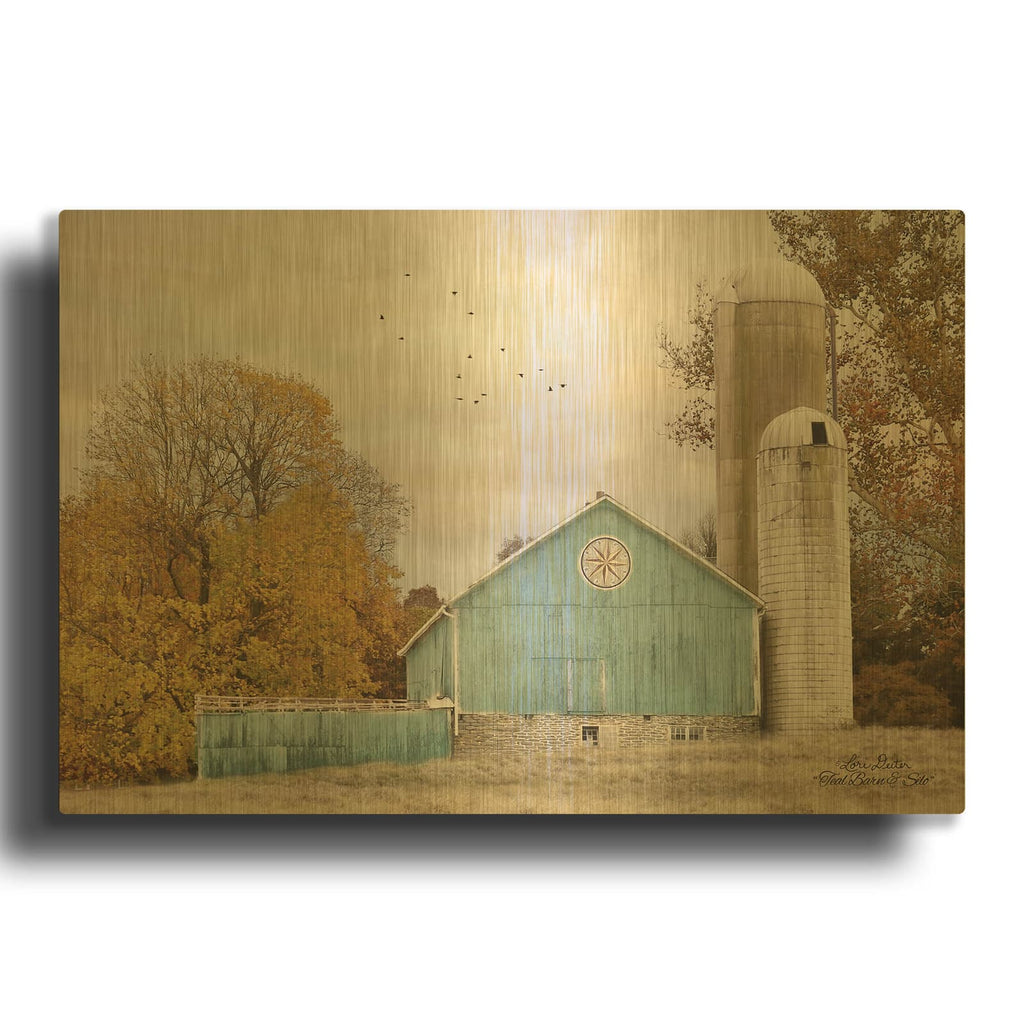 'Teal Barn and Silo' By Lori Deiter Gold Metal Wall Art