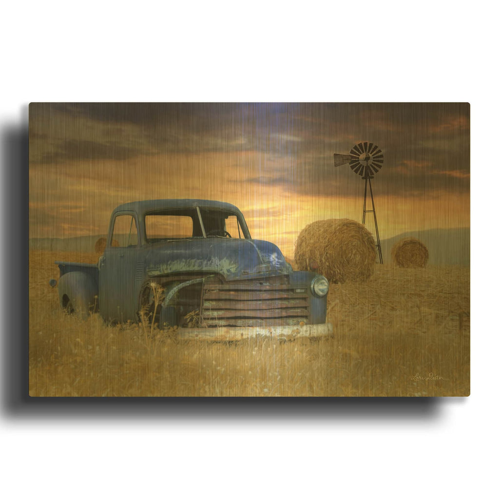 'Old Chevy with Windmill' By Lori Deiter Gold Metal Wall Art
