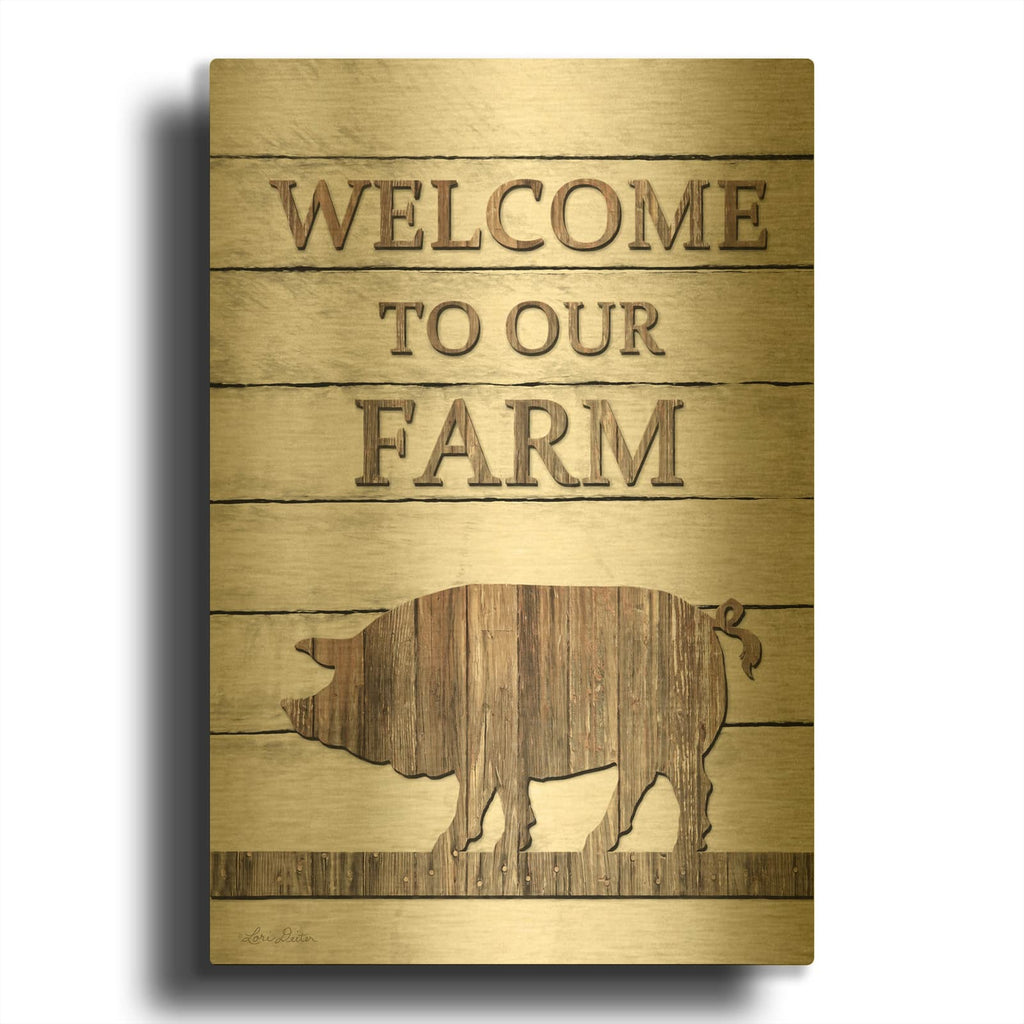 'Pig Welcome to Our Farm' By Lori Deiter Gold Metal Wall Art