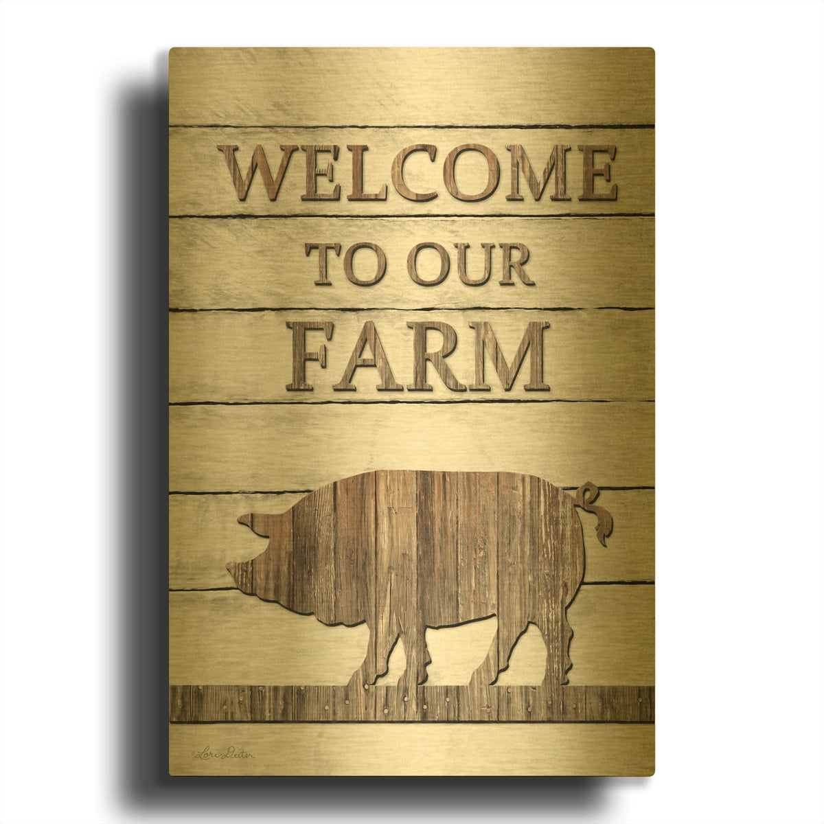 'Pig Welcome to Our Farm' By Lori Deiter Gold Metal Wall Art