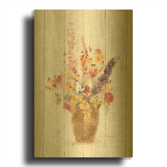 'Wild Flowers in Vase I on Barn Board' By Cheri Blum Gold Metal Wall Art