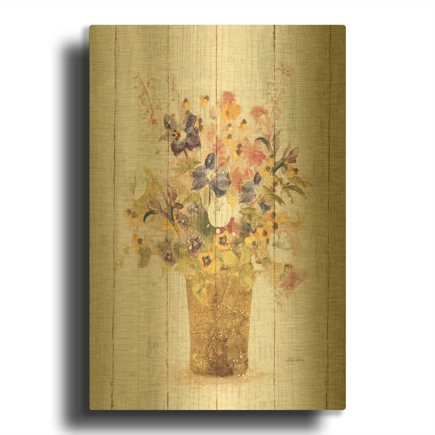 'Wild Flowers in Vase II on Barn Board' By Cheri Blum Gold Metal Wall Art