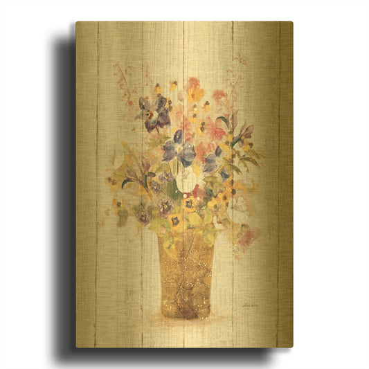 'Wild Flowers in Vase II on Barn Board' By Cheri Blum Gold Metal Wall Art