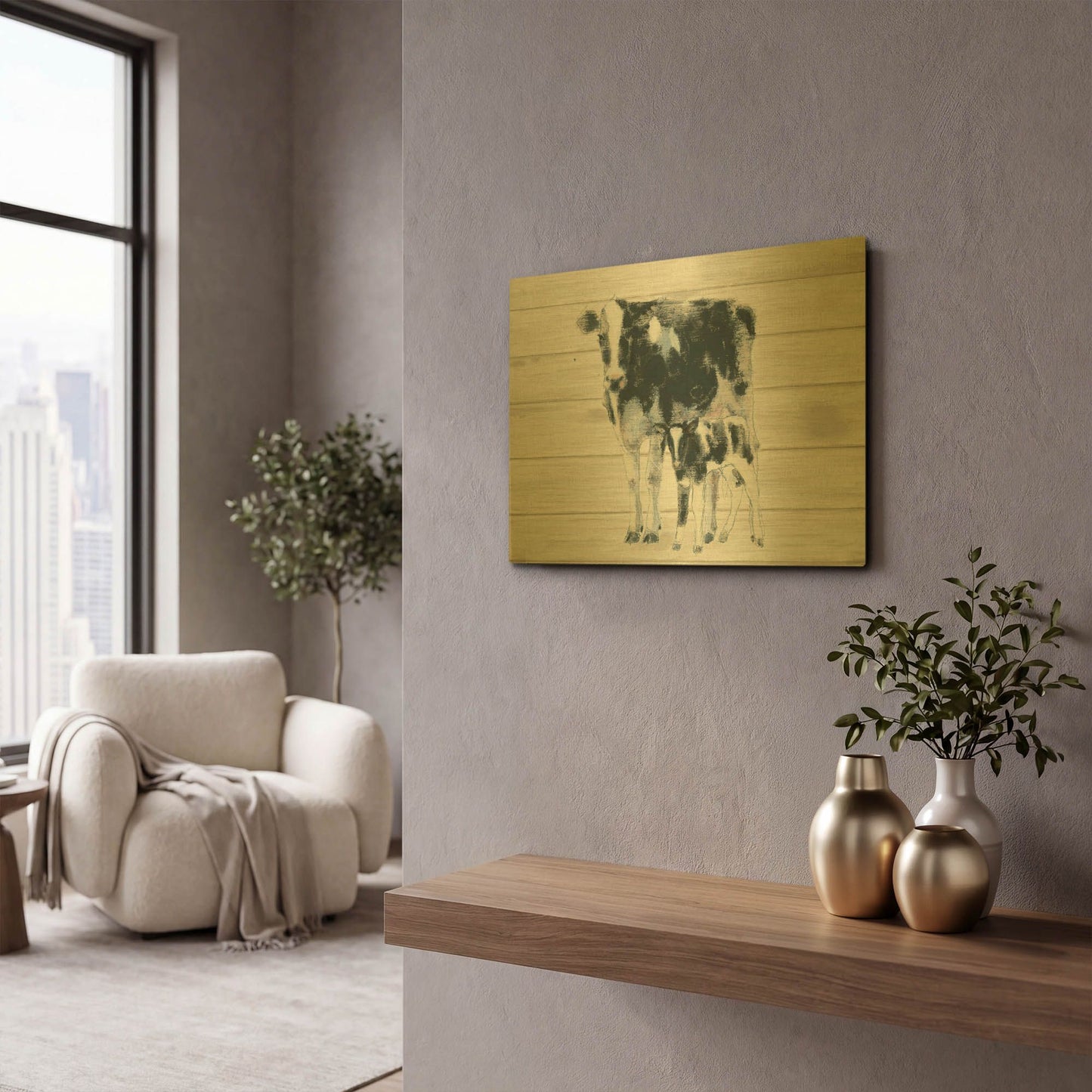 'Cow and Calf on Wood' By Emily Adams Gold Metal Wall Art