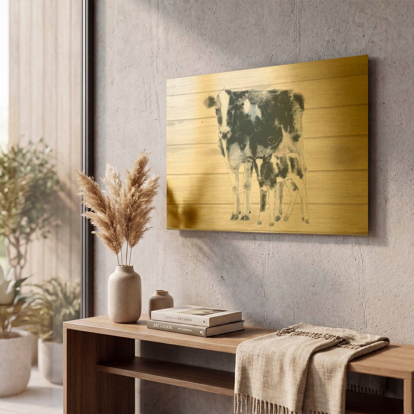 'Cow and Calf on Wood' By Emily Adams Gold Metal Wall Art