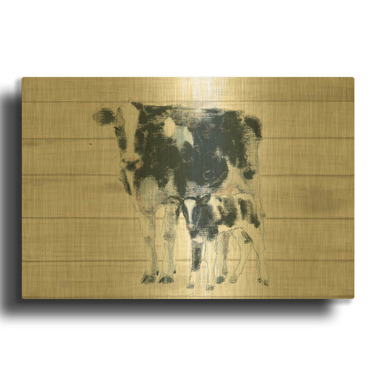 'Cow and Calf on Wood' By Emily Adams Gold Metal Wall Art