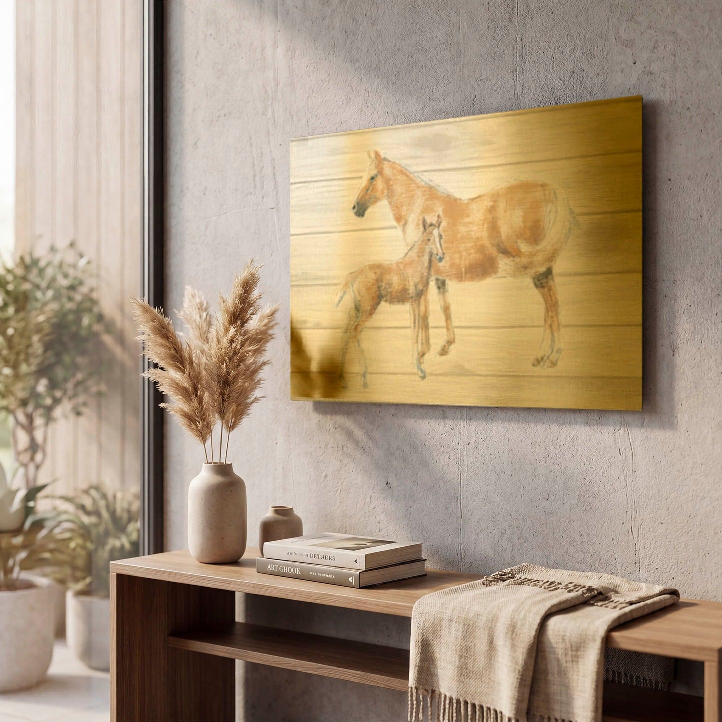 'Horse and Colt on Wood' By Emily Adams Gold Metal Wall Art