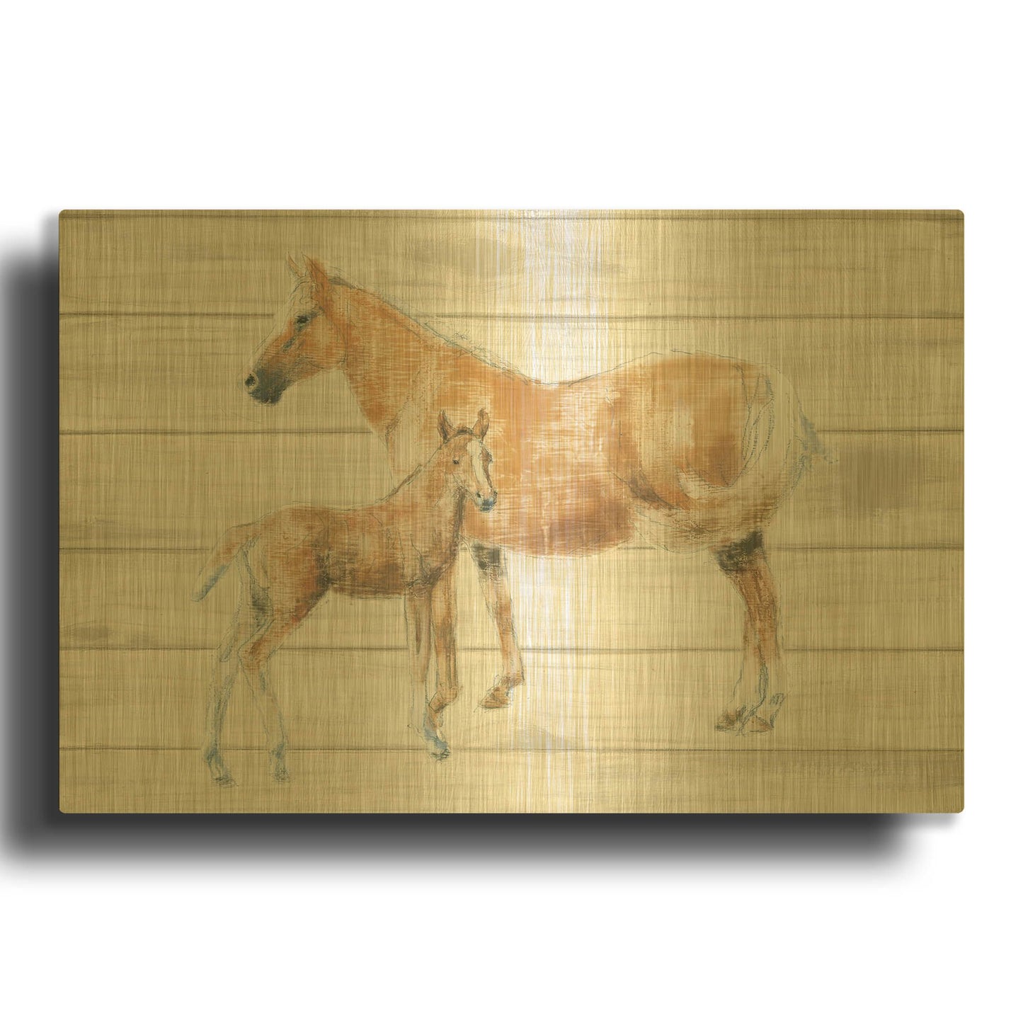 'Horse and Colt on Wood' By Emily Adams Gold Metal Wall Art