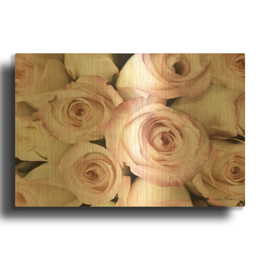 'Top View - Pink Roses' By Lori Deiter Gold Metal Wall Art