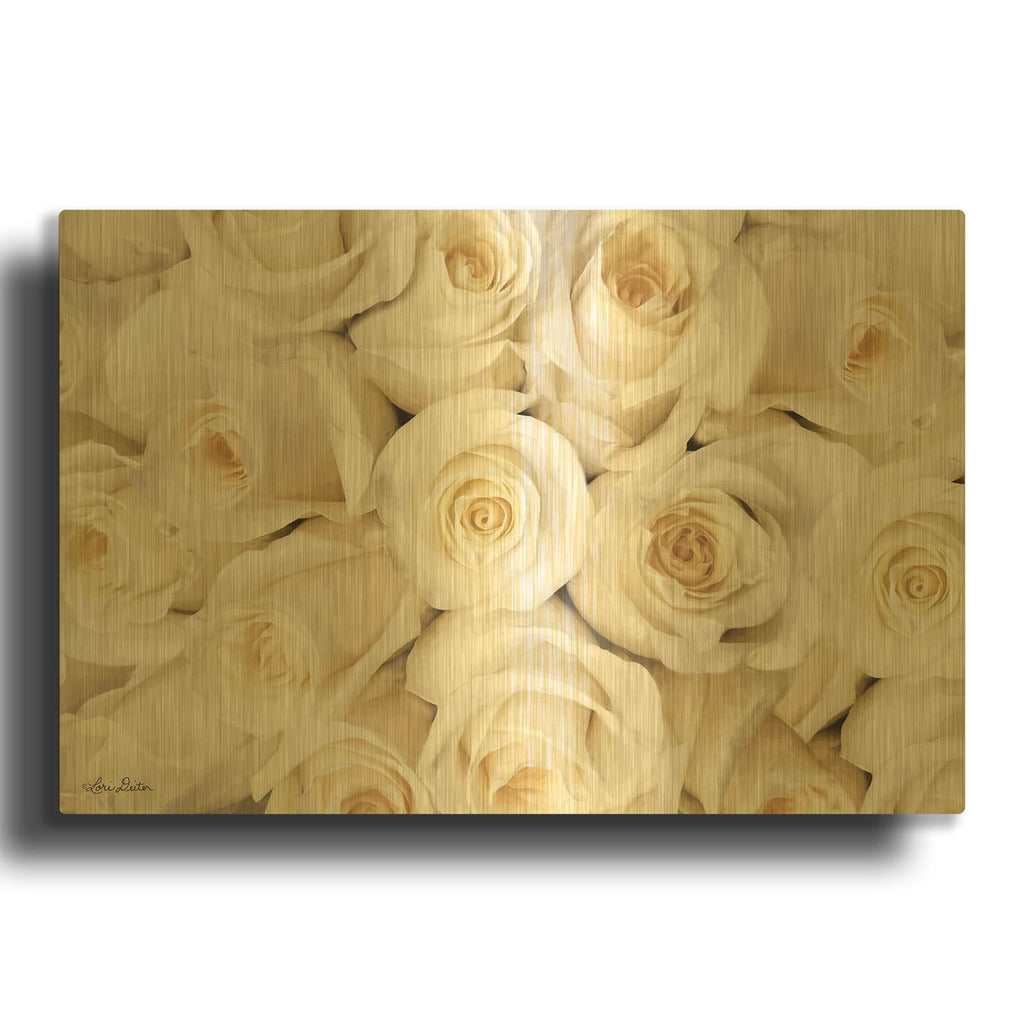 'Top View - White Roses' By Lori Deiter Gold Metal Wall Art