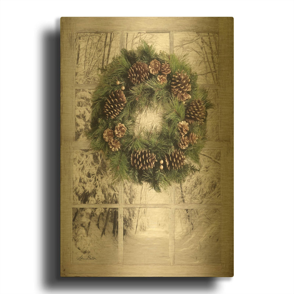 'Pine Tree Window View' By Lori Deiter Gold Metal Wall Art