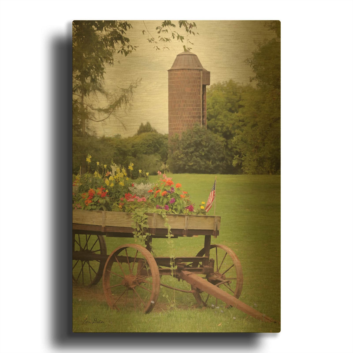 'Clayton Flower Wagon' By Lori Deiter Gold Metal Wall Art