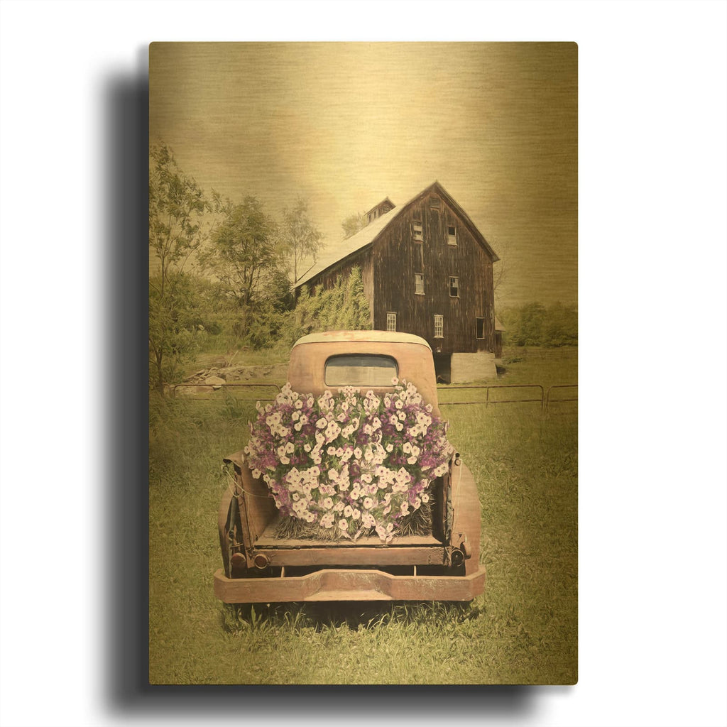 'Petunia Truck' By Lori Deiter Gold Metal Wall Art