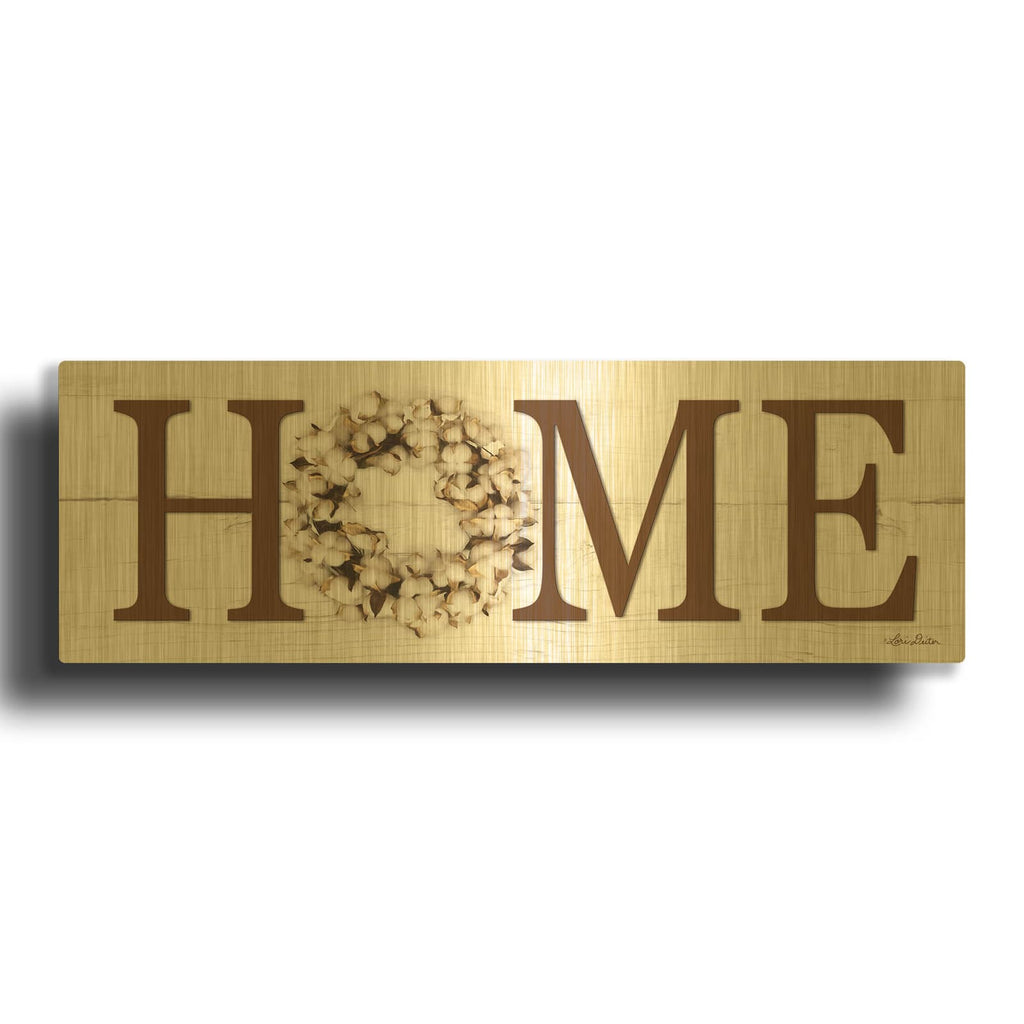 'Cotton Wreath Home Vertical' By Lori Deiter Gold Metal Wall Art