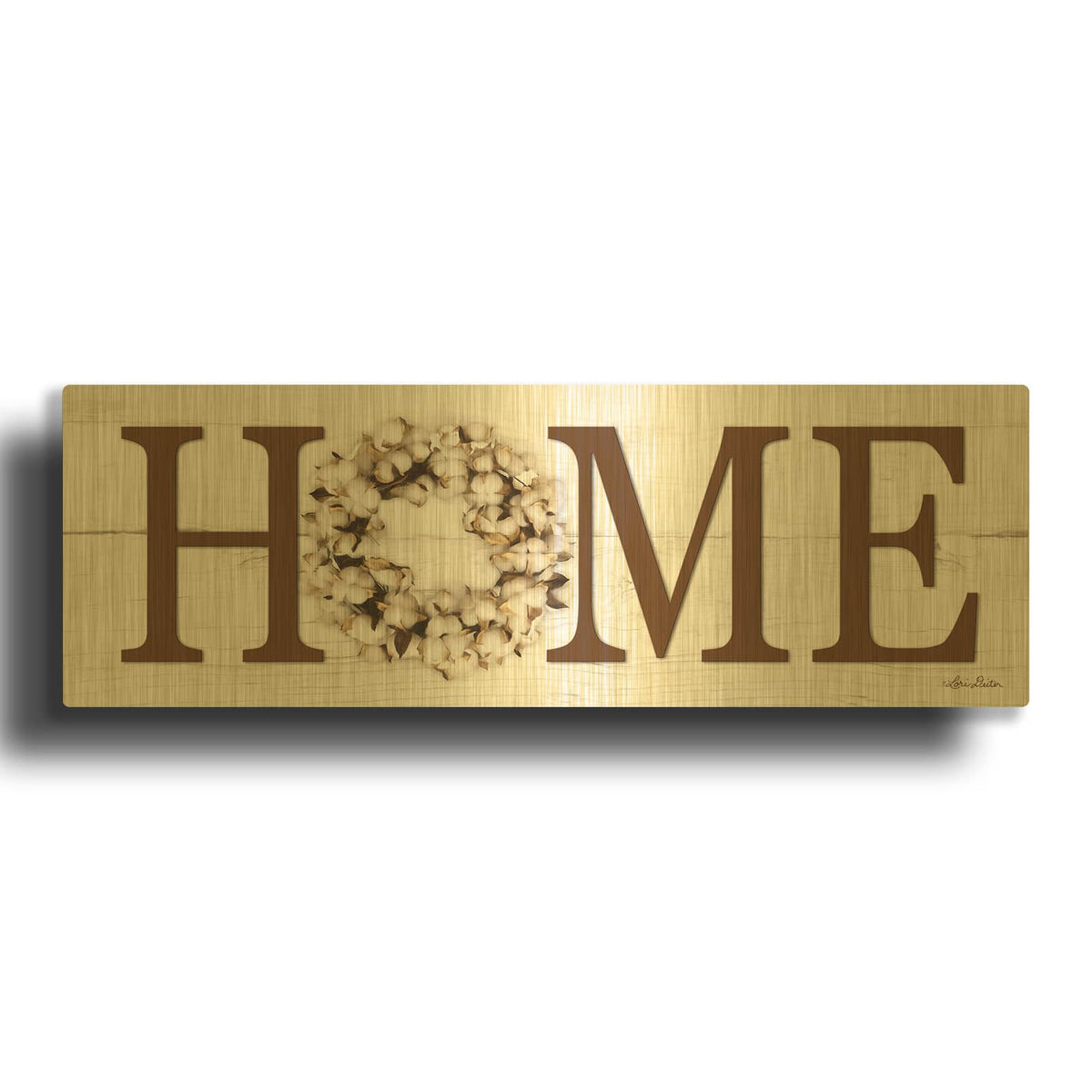 'Cotton Wreath Home Vertical' By Lori Deiter Gold Metal Wall Art