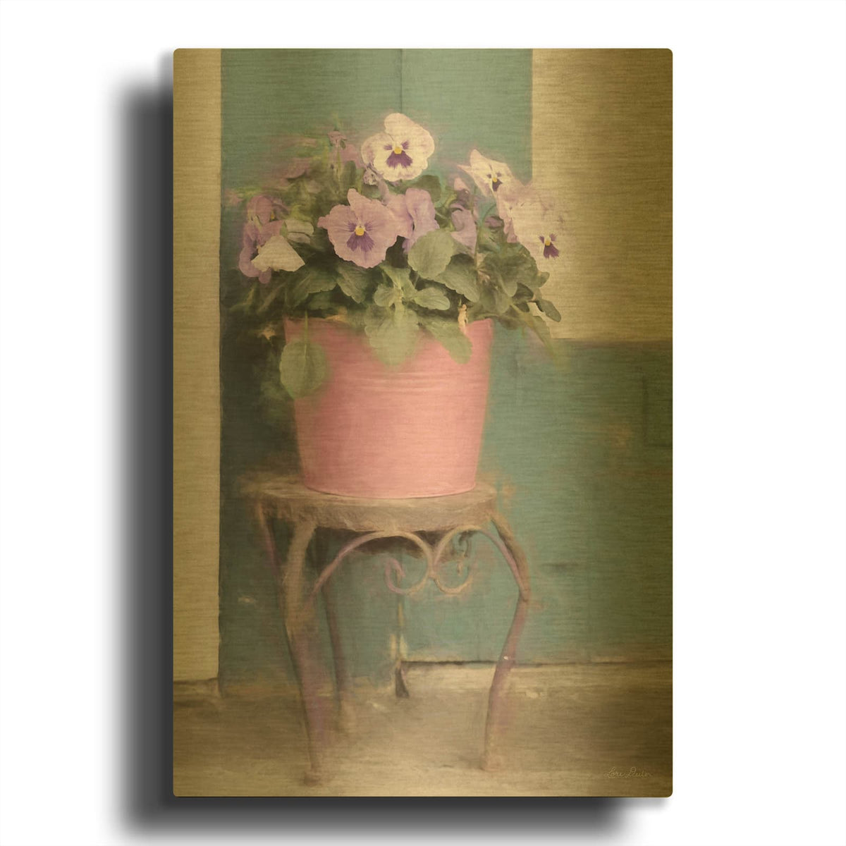 'Pansy Bucket' By Lori Deiter Gold Metal Wall Art