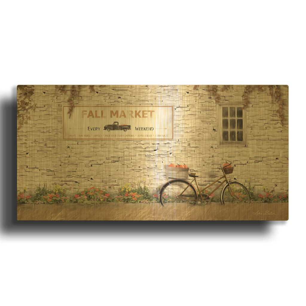 'Fall Market with Bike' By Lori Deiter Gold Metal Wall Art