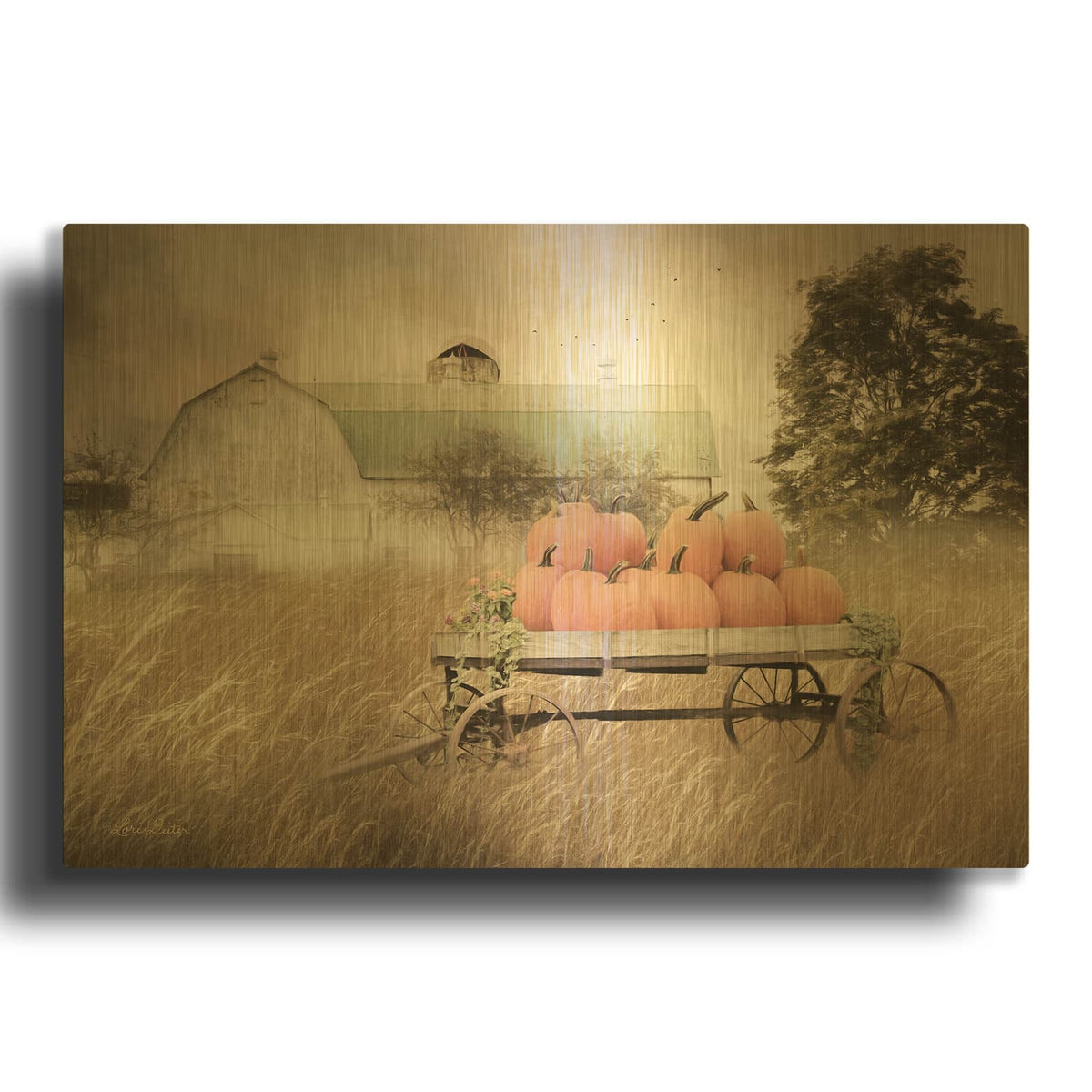 'Pumpkin Harvest Barn' By Lori Deiter Gold Metal Wall Art