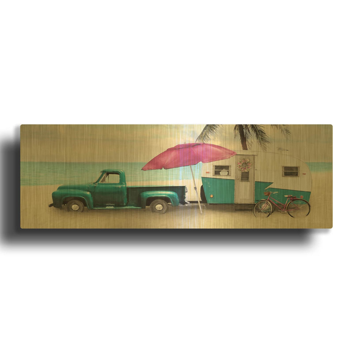 'Beach Camping with Bike' By Lori Deiter Gold Metal Wall Art