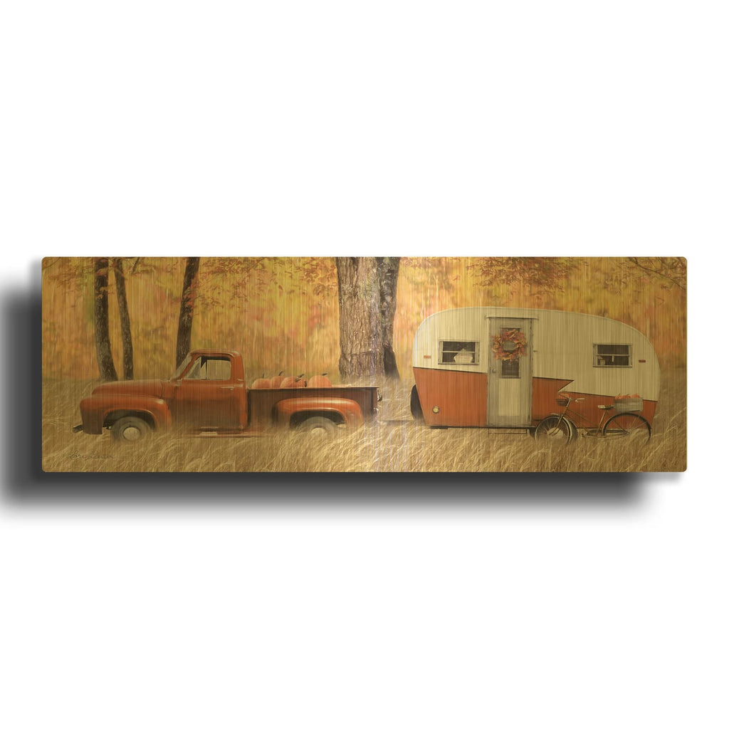 'Fall Camping with bike' By Lori Deiter Gold Metal Wall Art