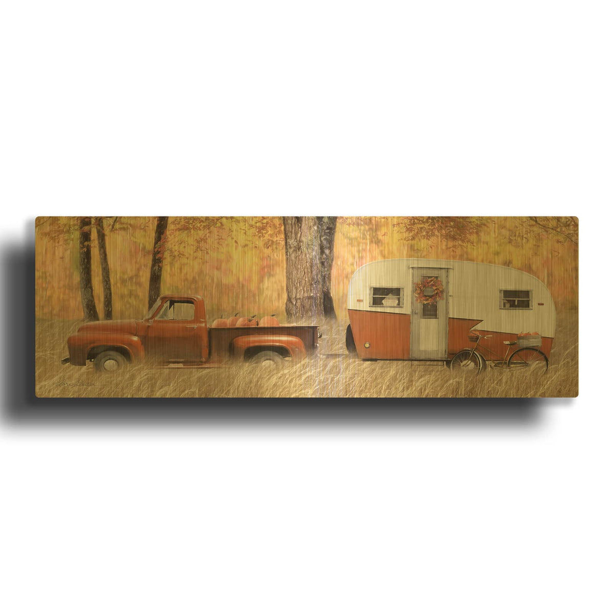 'Fall Camping with bike' By Lori Deiter Gold Metal Wall Art