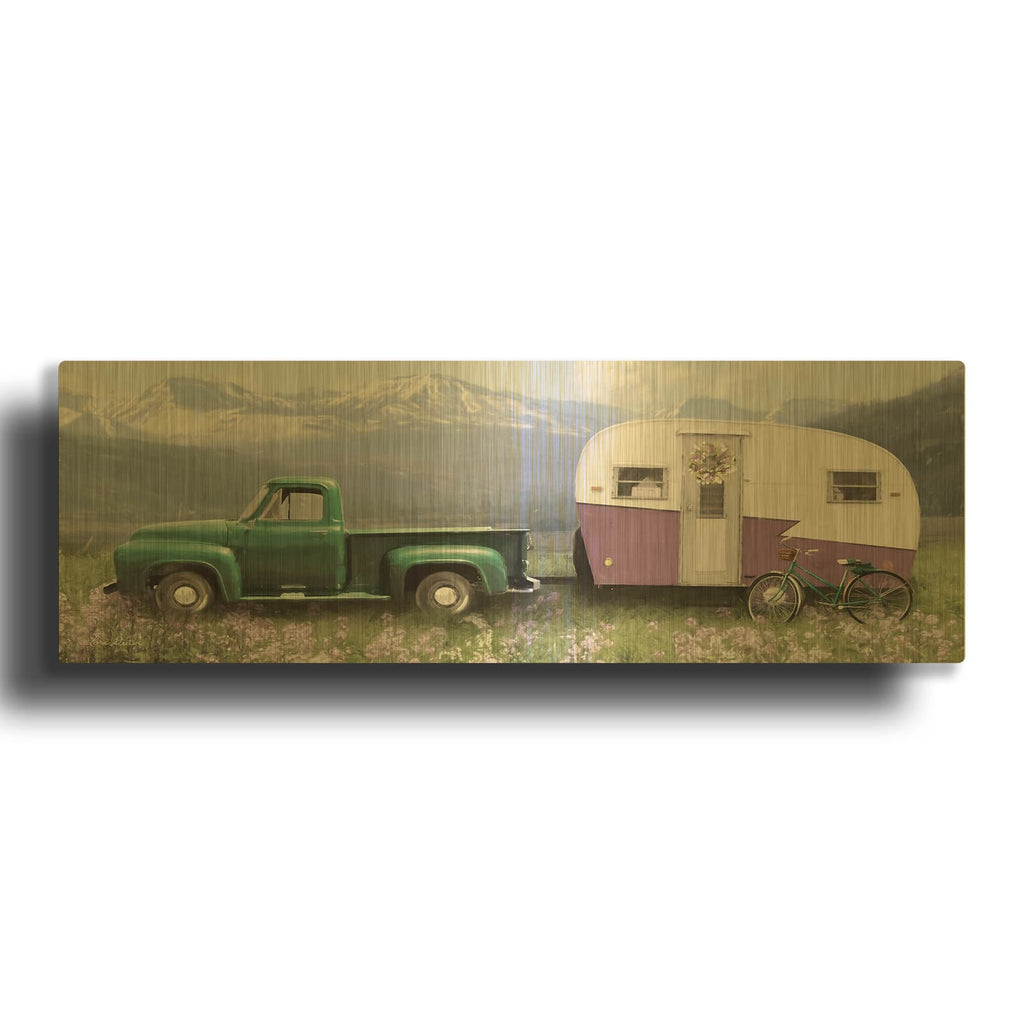 'Spring Camping with Bike' By Lori Deiter Gold Metal Wall Art