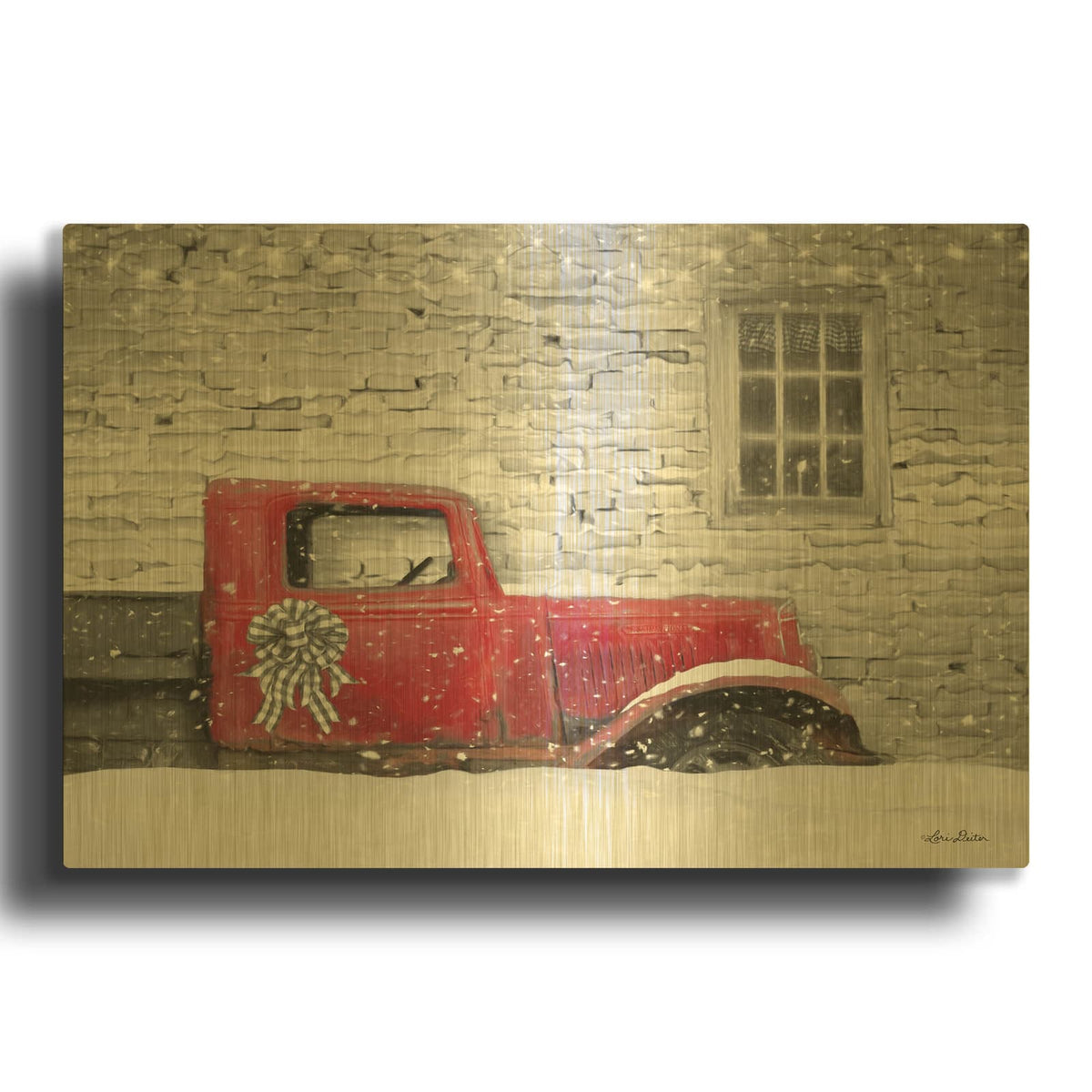 'Christmas Truck with Plaid Bow' By Lori Deiter Gold Metal Wall Art