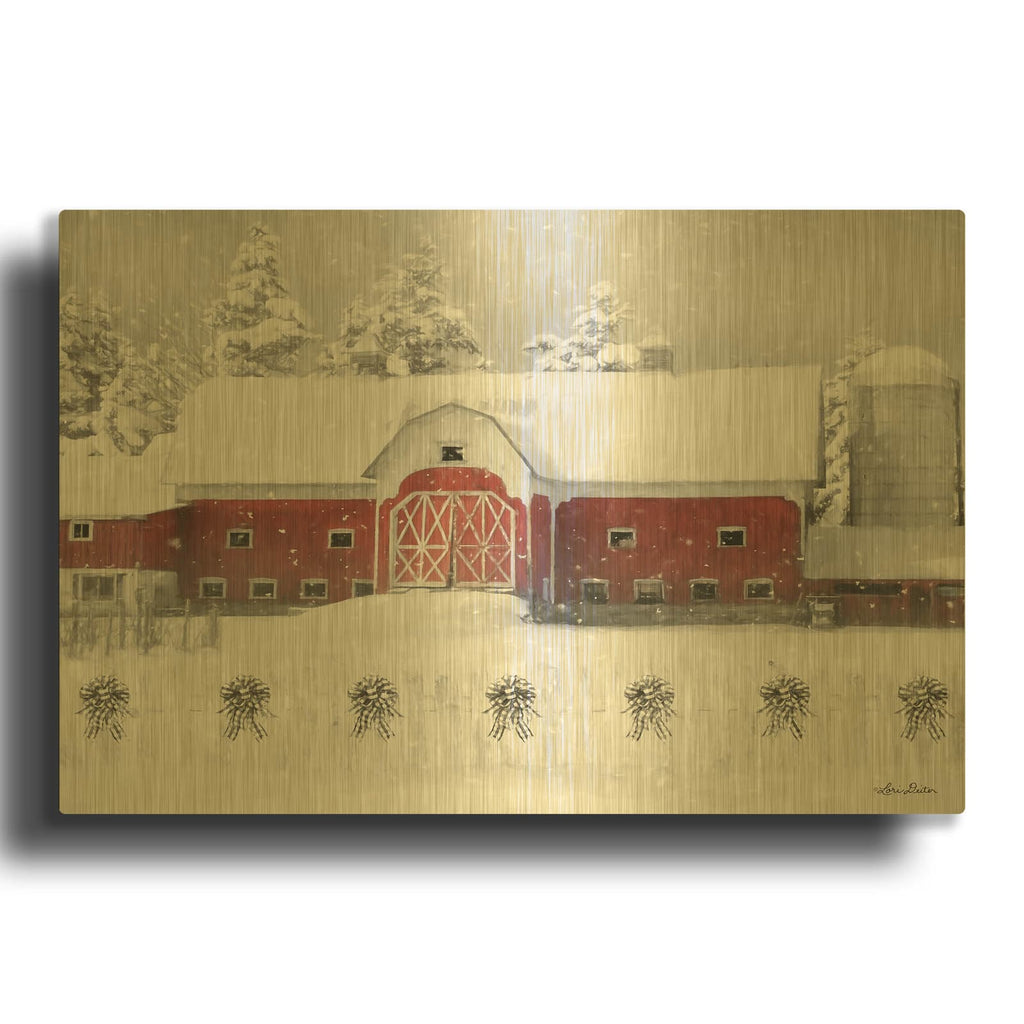 'Barn with Fence and Bows' By Lori Deiter Gold Metal Wall Art