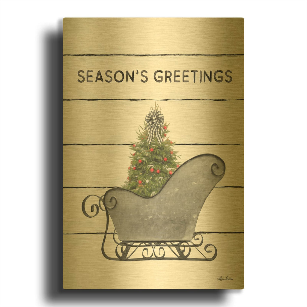 'Christmas Sled with Tree' By Lori Deiter Gold Metal Wall Art
