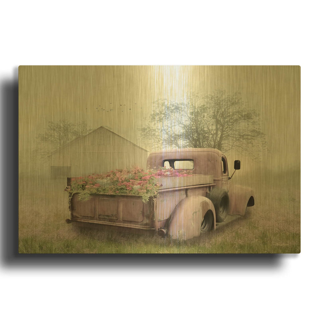 'Pink Flower Truck' By Lori Deiter Gold Metal Wall Art