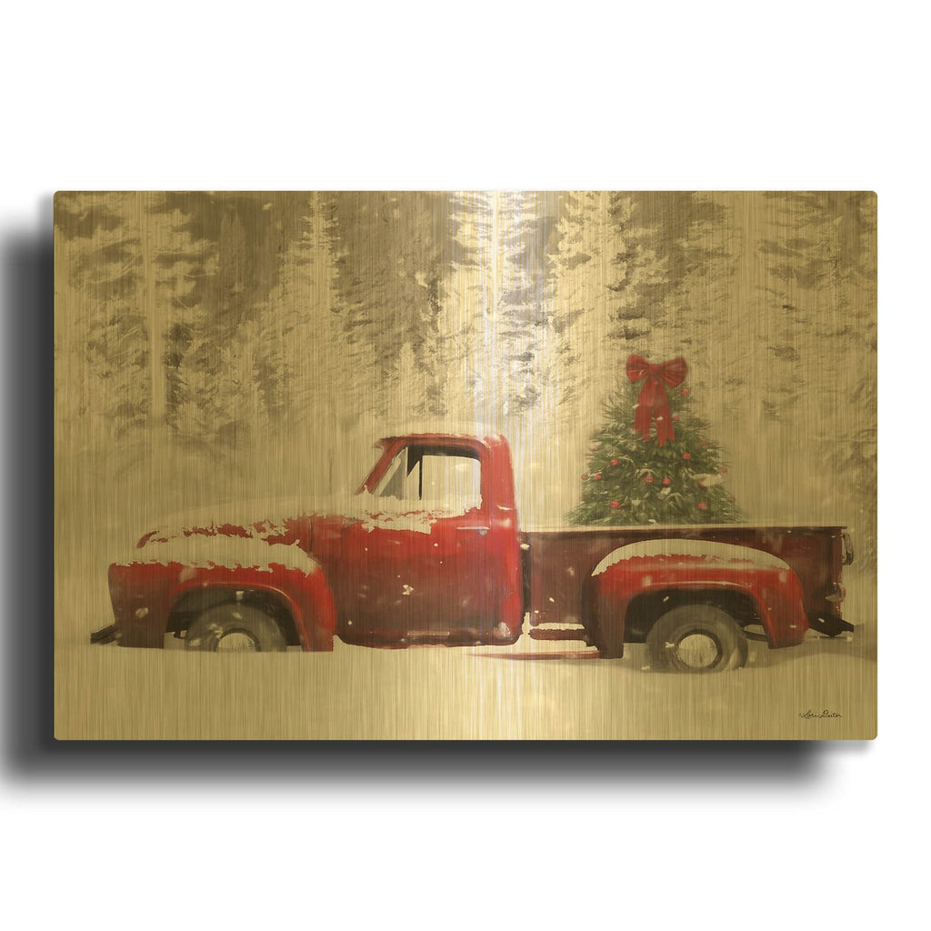 'Red Truck with Christmas Tree II' By Lori Deiter Gold Metal Wall Art