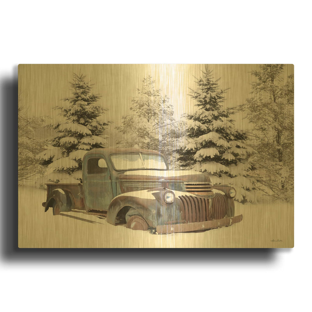 'Chevy at the Tree Farm' By Lori Deiter Gold Metal Wall Art