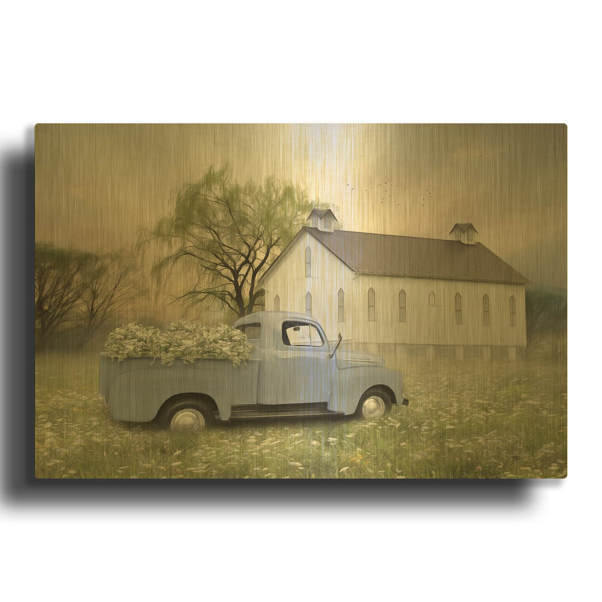 'Blue Ford at Barn' By Lori Deiter Gold Metal Wall Art